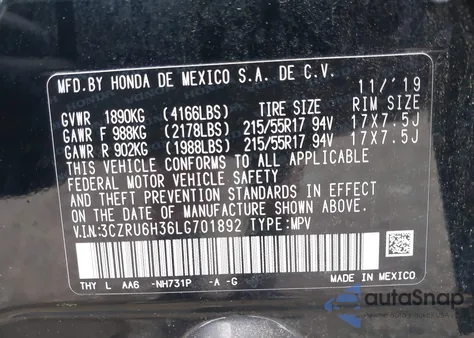 2020 Honda Hr-V Awd Lx from USA, damaged, VIN 3CZRU6H36LG701892